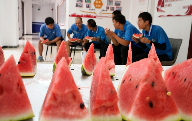 8月6日，快递小哥在河北省承德市宽城满族自治县缸窑沟社区服务站吃西瓜。新华社发（刘满仓摄）
