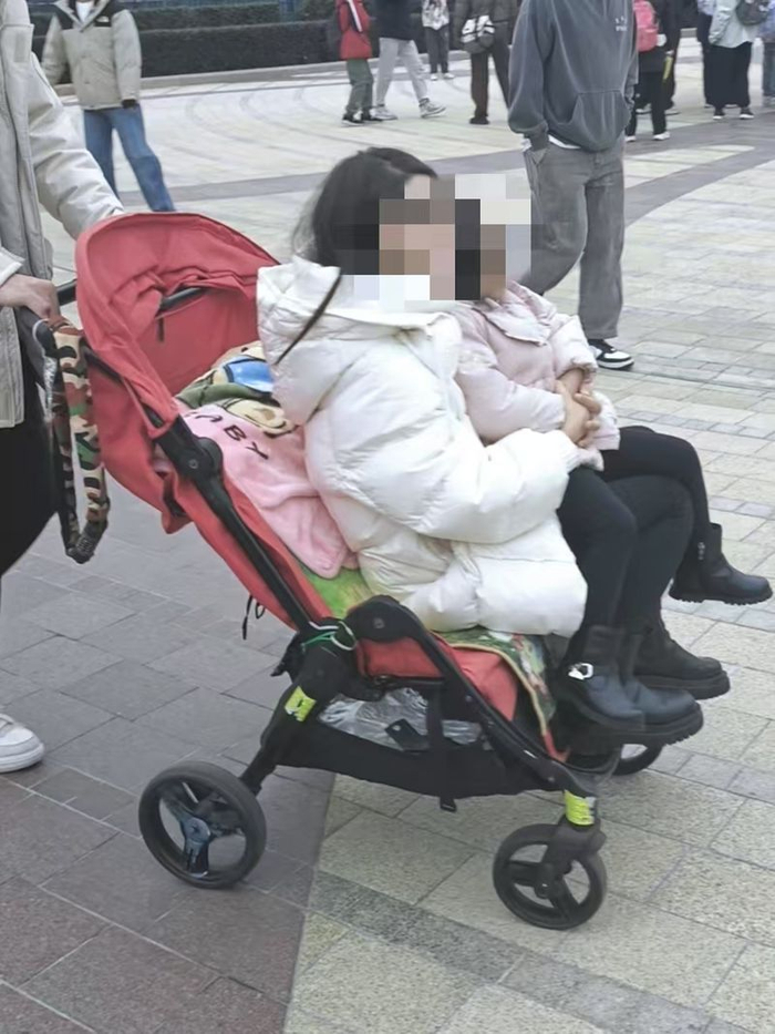 12月10日，大人与小孩混乘大载重儿童车进入上海迪士尼乐园。新京报贝壳财经记者俞金旻摄