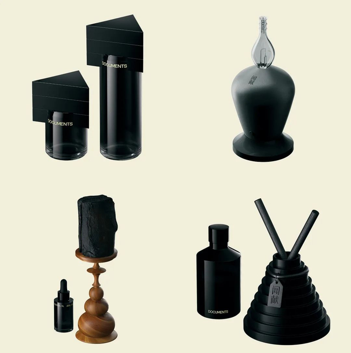 从左边开始依次为闻献推出的浓香水、福禄电子香薰机、银炭滴香、青柿无火香薰四款产品。