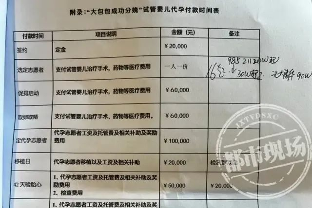 △安徽佑铭医疗科技公司负责人张某向都市现场记者拟出的代孕付款时间表