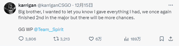 “大哥，我想让你知道我付出了一切，我们再次获得了Major亚军，但未来还会有更多机会。打得漂亮，Spirit。”