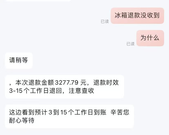 ▲购物平台客服对张玉称预计3-15个工作日到账。受访者供图