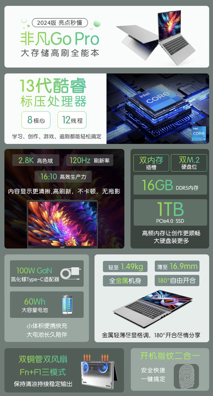 宏碁非凡Go Pro 14英寸笔记本新增i5-13420H + 16G + 1T，4199 元_财经头条