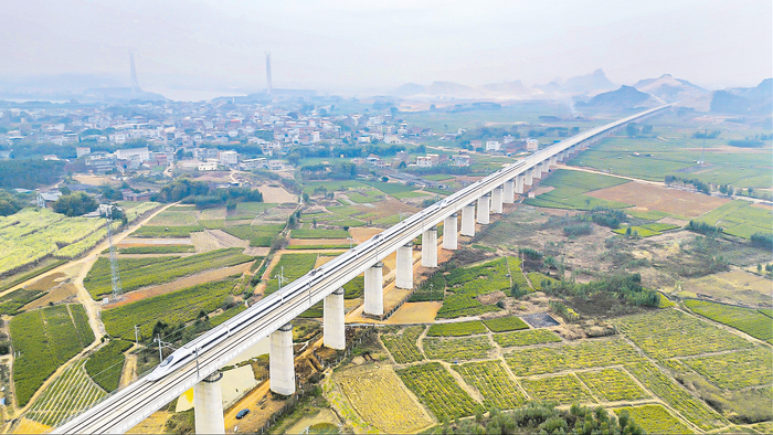     12月30日，动车组列车穿越横州茉莉花种植基地。    （韦子膳 摄）