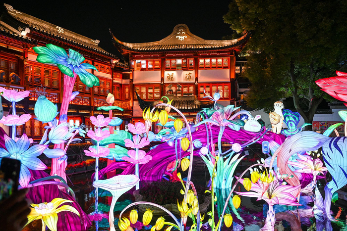 2025年1月1日，上海豫园，九曲桥上的灯组。澎湃新闻记者 朱伟辉 图