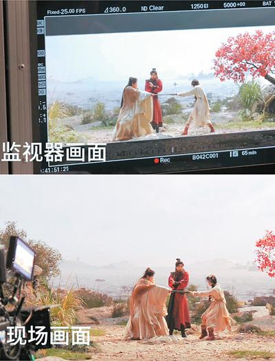 图为剧集《师兄太稳健》虚拟拍摄现场画面与监视器画面对比。