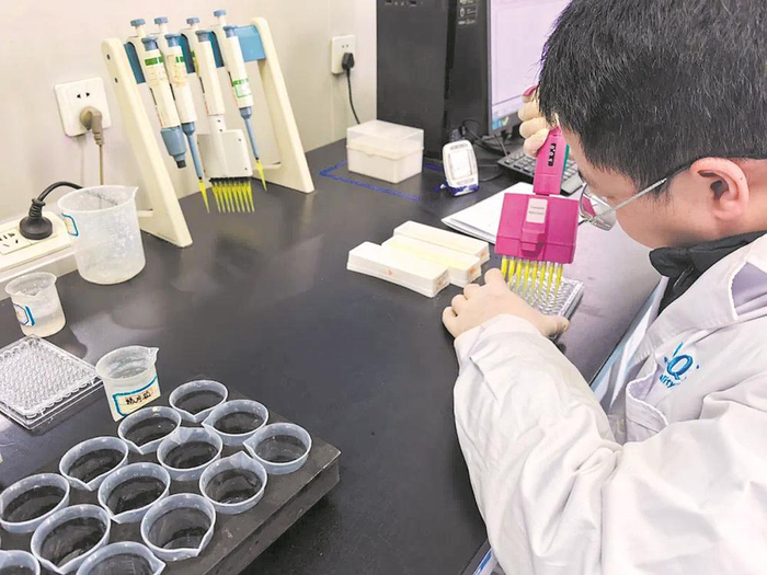     实验人员检测蔬菜农药残留。