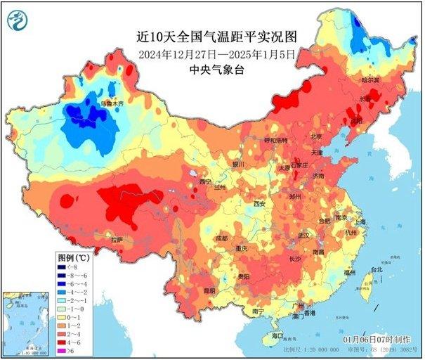 近10天氣溫距平實況來看，全國大部氣溫明顯偏暖。三九