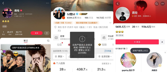 小红书、微博、抖音的鹿晗实名账号目前都不能新增关注