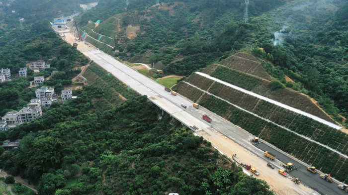 阳信高速茂名段坪石垌大桥至白塘岭隧道出口航拍图。