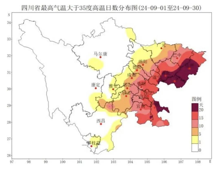 2024年9月四川省日最高气温≥35℃高温日数分布图（图据四川省气候中心）