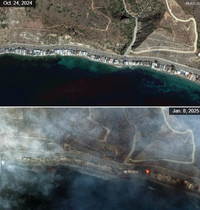 马里布住宅区的卫星图像对比。《洛杉矶时报》制图 