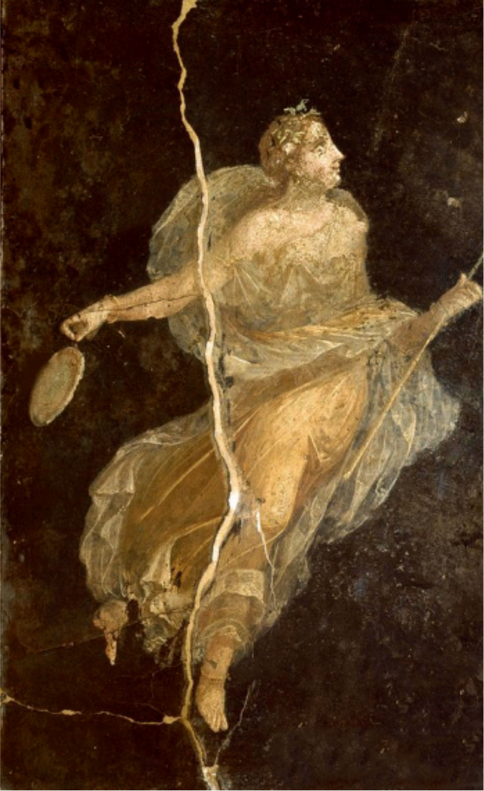 庞贝壁画中身穿丝绸的酒神女祭司，图片来自分册《罗马风云》中“中国丝绸在罗马”一节