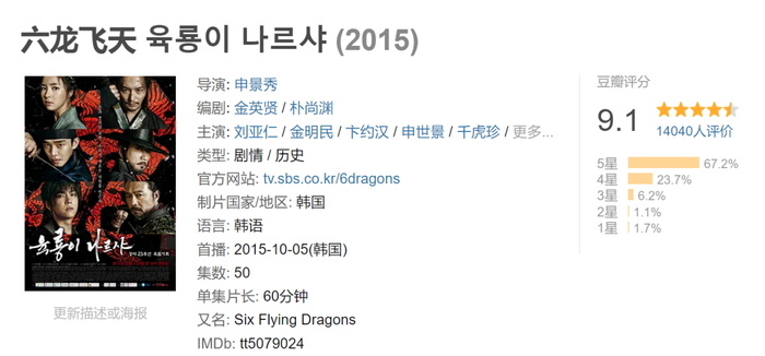2015年的《六龙飞天》，也是十年来豆瓣评分最高的古装韩剧
