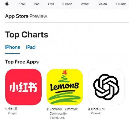 小红书登顶后，美媒发现图标甚至显示的都是中文的。AppStore截图 