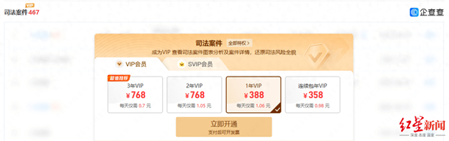 企业涉及的司法案件显示要VIP才能查看，截图自企查查官网