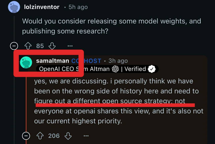 图注：奥特曼表示或会开源OpenAI 图源：reddit平台