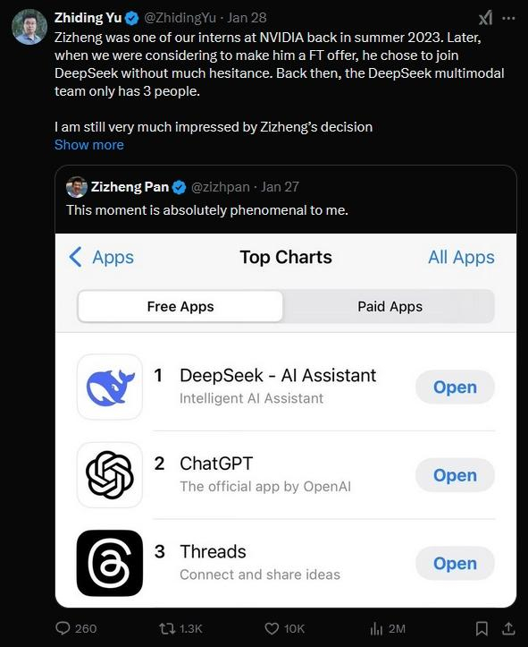 潘梓正发文庆祝DeepSeek超越ChatGPT下载量登顶的“现象级时刻”，禹之鼎转发祝贺 X截图 