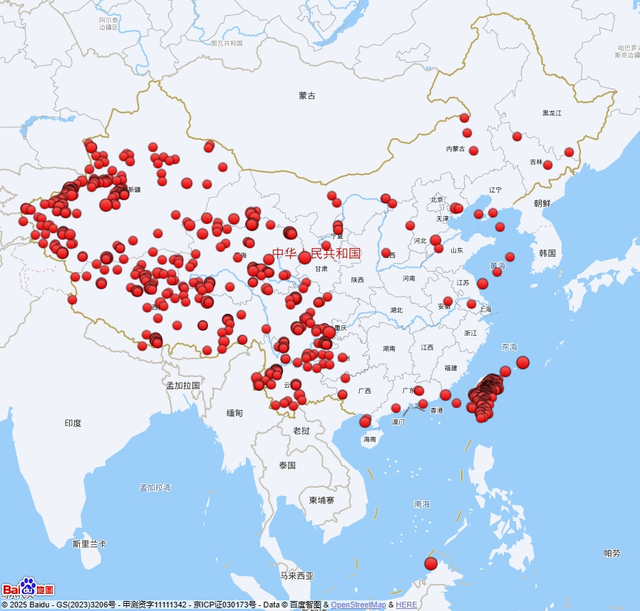 近五年来全国四级以上地震活动分布图