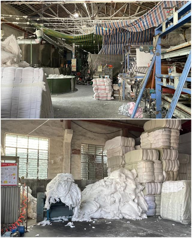 南浔一化纤被加工厂位于废弃的机械厂内，“次品”堆在地上，原料重新打碎后即可再次投入流水线生产。