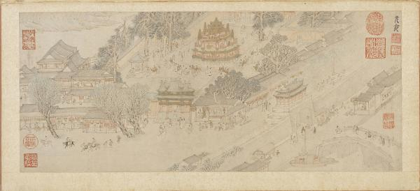 明·吴彬《岁华纪胜图册·元夜》，台北故宫博物院藏，正上方即为灯山