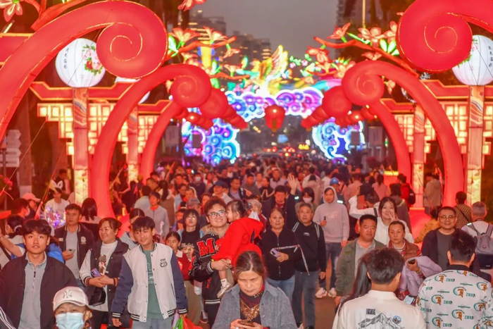 2月12日，在海口万绿园万春会现场，众多市民游客前来赏花灯。记者 孙士杰 摄