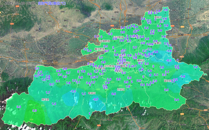 2月20日16时西安市气温实况色斑图