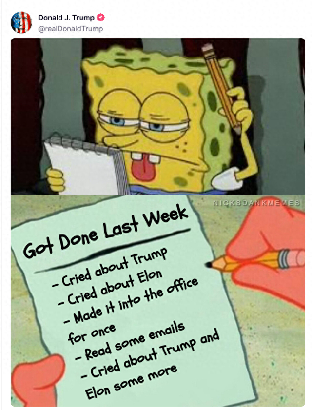 当地时间23日，特朗普在其自创的社交平台上调侃回应了马斯克要求联邦雇员“交周报”一事所引发的争议。图为帖文截图