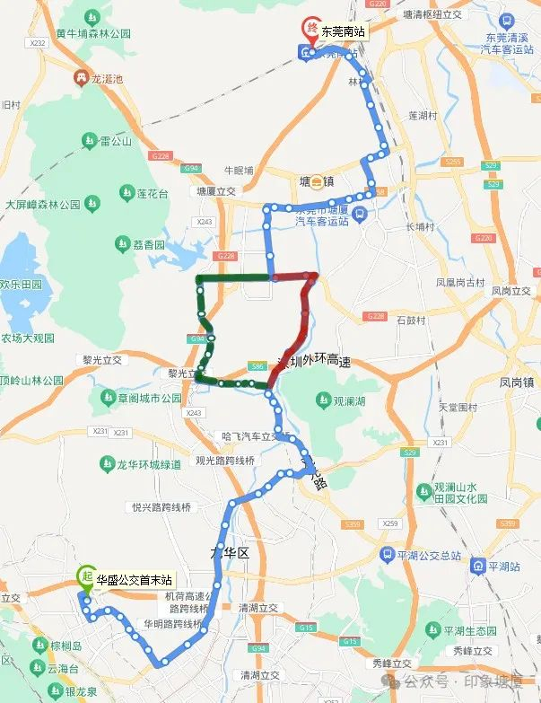 深圳东部公交M188线示意图，红色线为取消的途经路段，绿色线为改线后的途经路段，蓝色线为保持不变的途经路段。