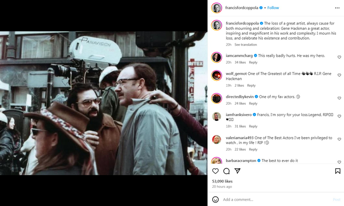 科波拉在个人社交媒体上悼念哈克曼