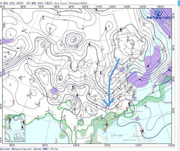 △从今天14时海平面气压场也能看到，冷高压从河南湖北向湖南凸出，南下程度比东段更深，因此降温更明显。