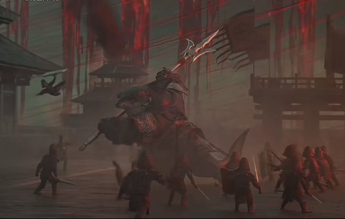 等章鱼将军飞走后，观众能看到背景板里的小兵在对战鲨鱼统领。 图源：网络截图