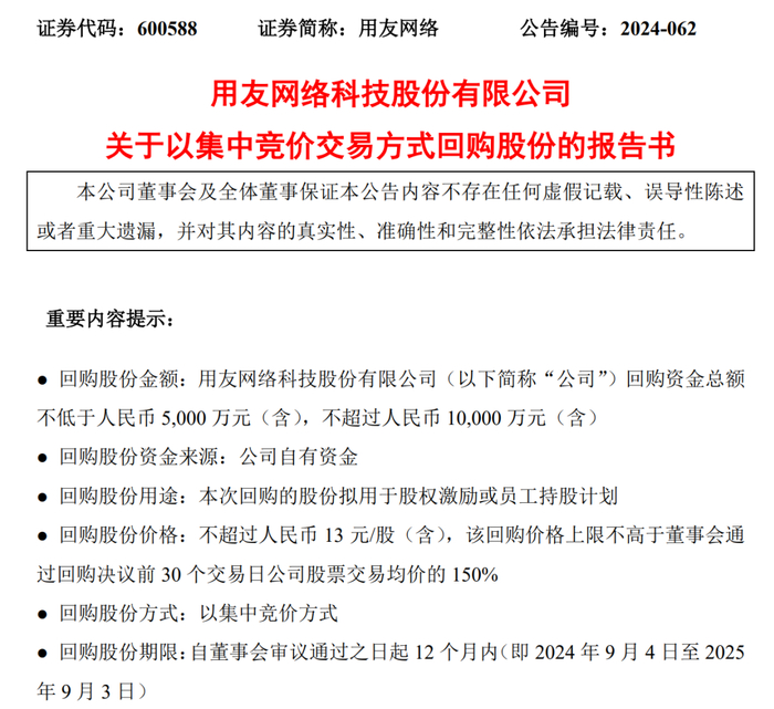 （用友网络公告截图）