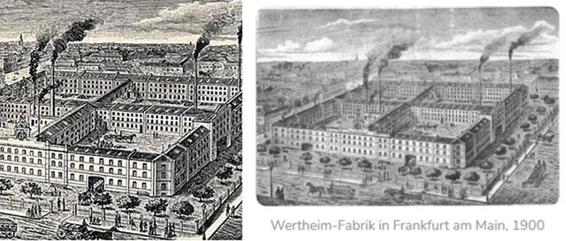 左图为斯坦梅尔钢琴网站图，右图为德国法兰克福的一家缝纫机厂图片