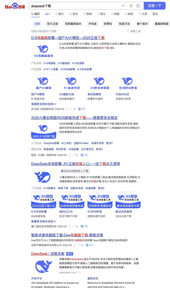 在搜索引擎中可以搜索到大量山寨DeepSeek的网站