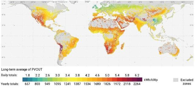 全球光伏实际潜力地图 图源：世界银行《各国太阳能光伏发电潜力》研究报告 