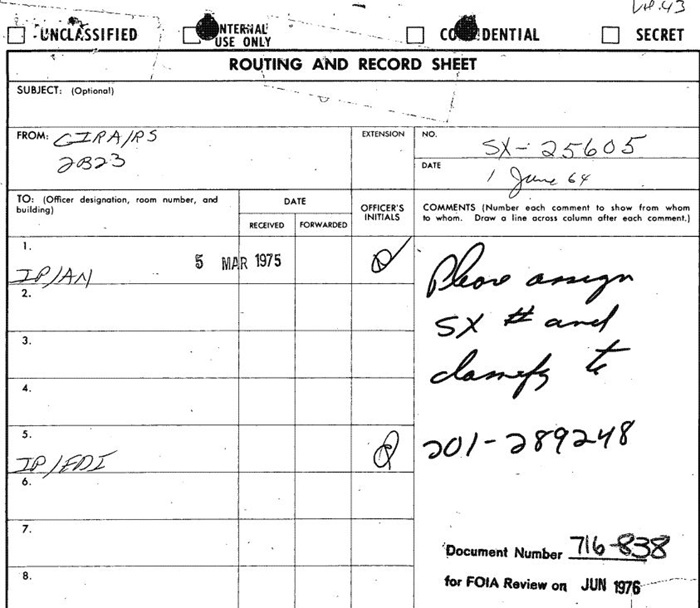 CIA调查记录。图片来源：美国国家档案馆