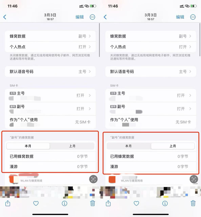 张洁手机显示本月及上月副卡零消耗蜂窝数据，移动却产生套餐外流量费用10元。受访者供图