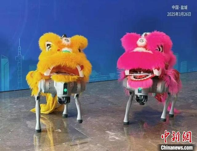 披着舞狮套装的四足机器人跟随音乐蹦蹦跳跳。顾名筛 摄