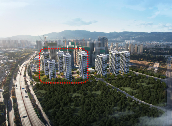 （北部山水新城片区KCPL2024-1、2号地块配售房项目效果图，标红部分为2号地块）