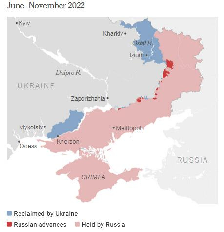 2022年6月至11月的战线变化 《纽约时报》报道截图 