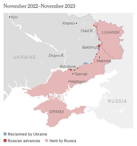 2022年11月到2023年11月的战线变化 《纽约时报》报道截图 