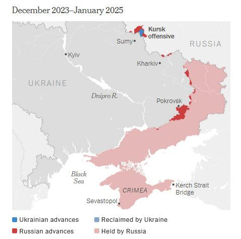 2023年12月到2025年1月的战线变化 《纽约时报》报道截图 