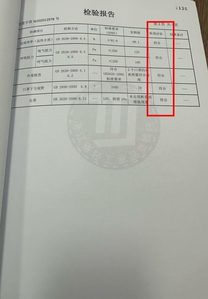 志森公司提供的鉴定报告显示，其送检的KN95口罩符合标准。