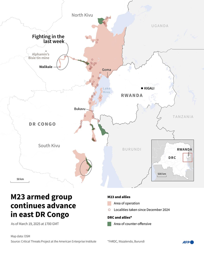  截至当地时间3月19日，“M23”运动在刚果（金）东部省份控制的地区。法新社