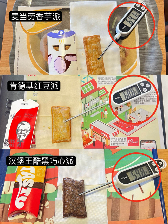麦当劳、肯德基、汉堡王派类产品内馅中心温度对比|图源：壹读