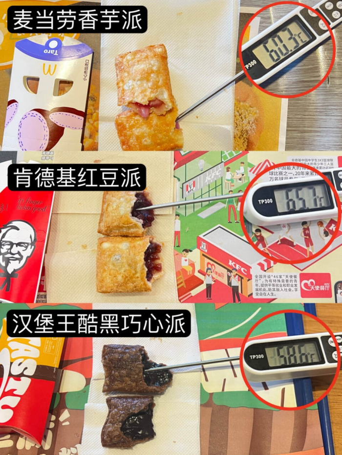 麦当劳、肯德基、汉堡王派类产品内馅中心温度对比（掰开后测量）|图源：壹读