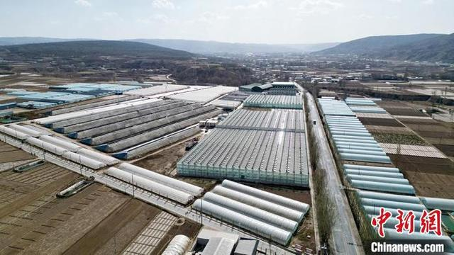 2025年4月，航拍视角下，定西市一处绿色蔬菜现代产业园。田鹏鹤 摄