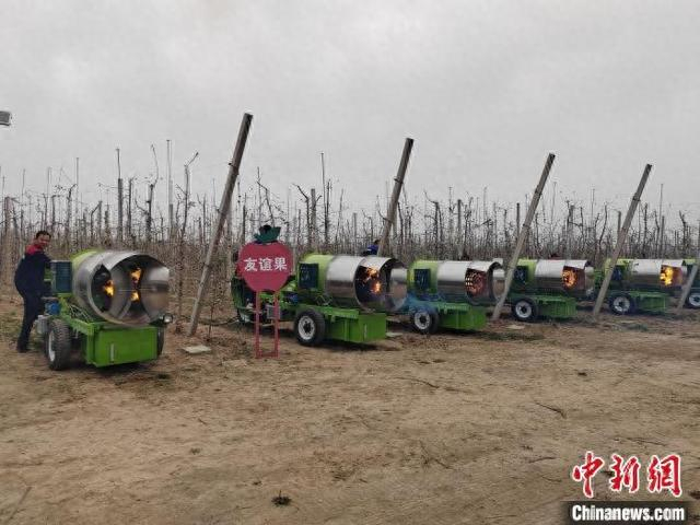4月11日，甘肃庆阳市西峰区后官寨庆丰示范基地固定暖风式防霜机作业展示。甘肃省气象局供图