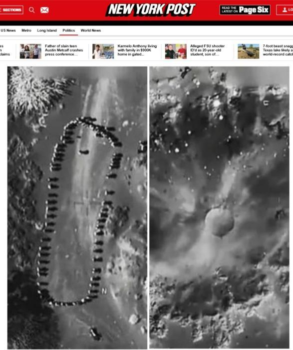 美军误炸视频截图，左为空袭前，右为轰炸后的弹坑。图/《纽约邮报》